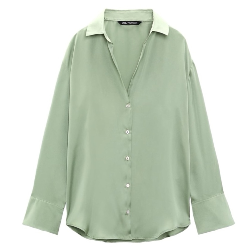 NWOT Zara Sage Green Satin Button Down Blouse